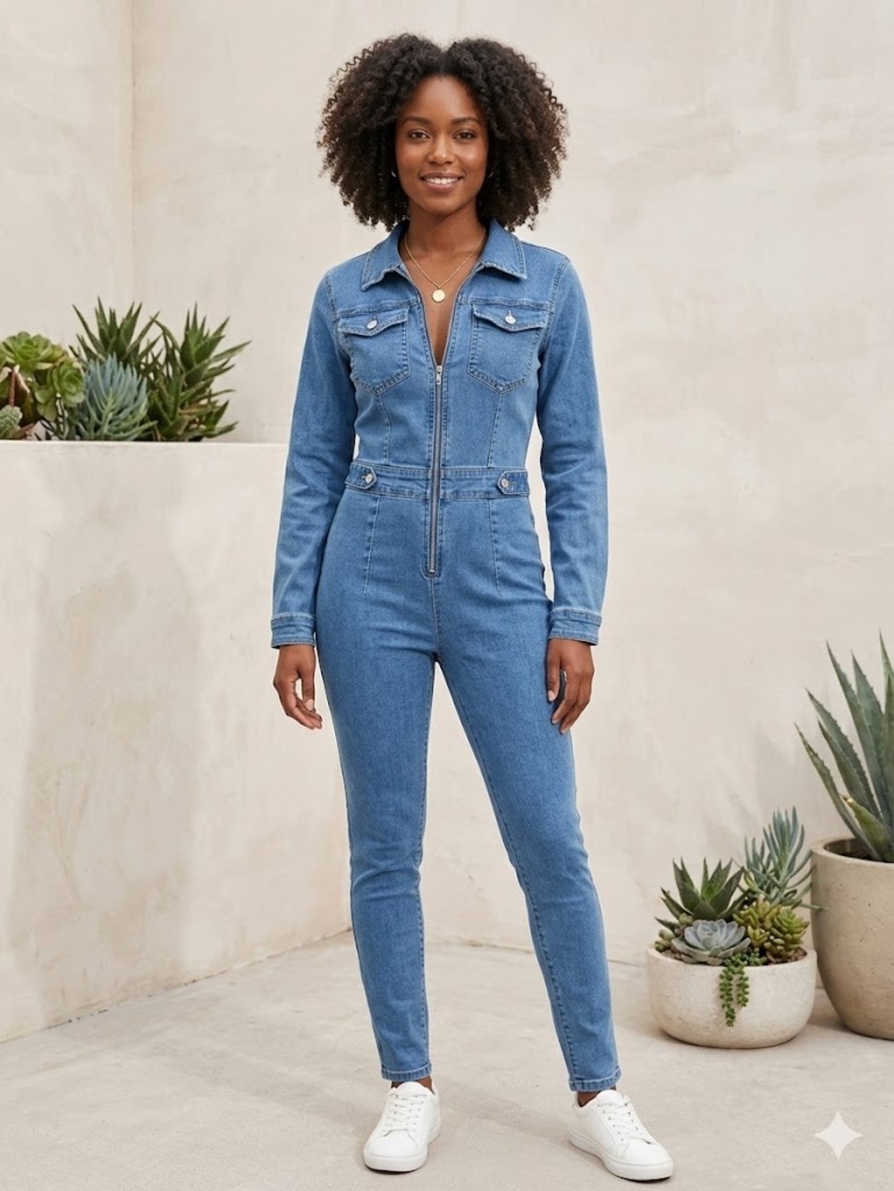 PrettyLittleThing Light Wash Denim Zip Front Jumpsuit Long Sleeve Fitted Stretch